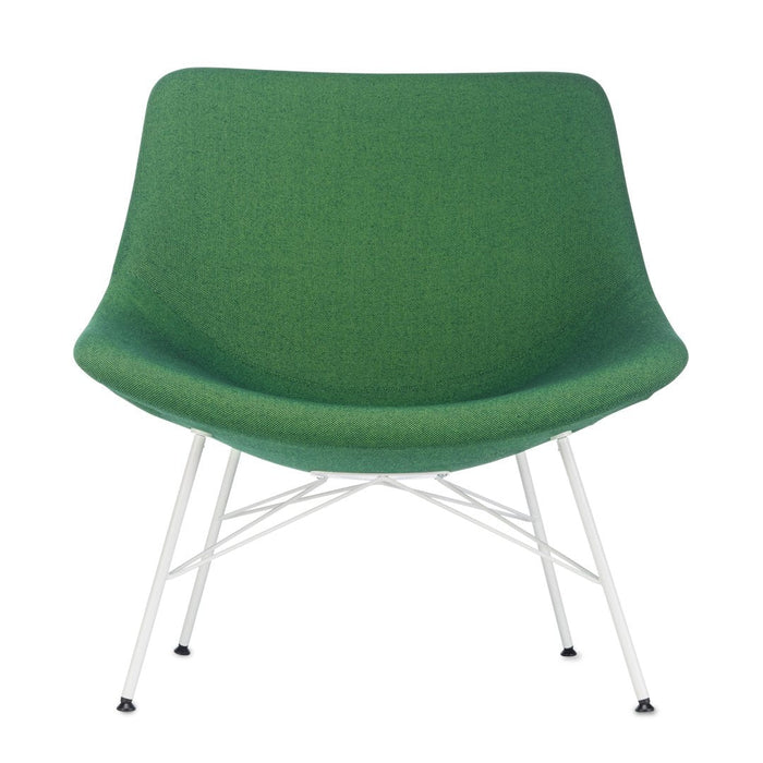 Modern green chair with a sleek, curved design and a contrasting white metal frame, perfect for stylish interiors.