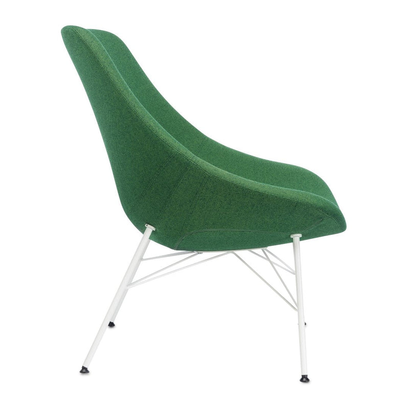 Green upholstered chair with a sleek curve and white metal legs, featuring a minimalist design.