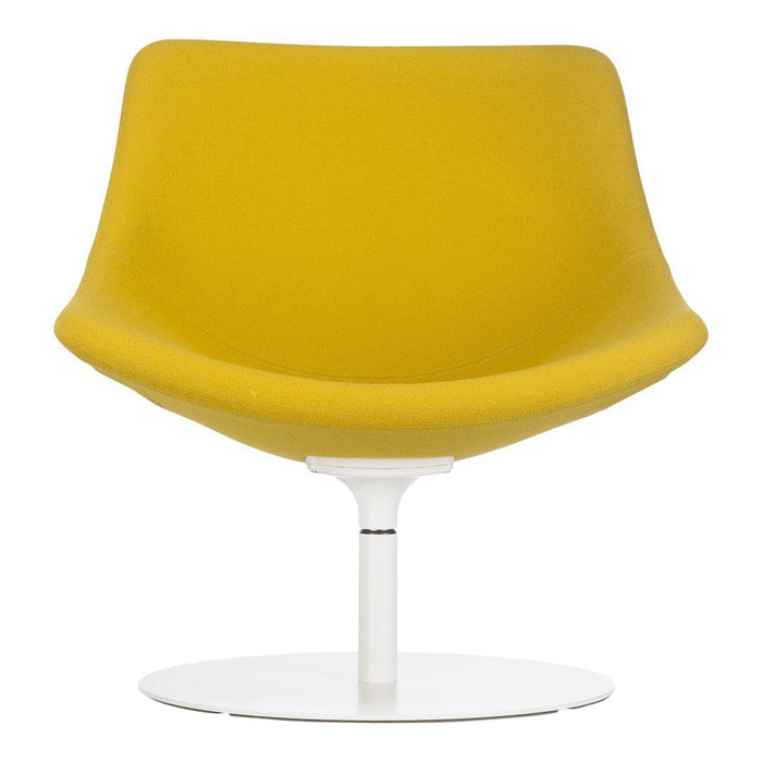 Modern yellow upholstered chair with a smooth, curved design and white round base. Perfect for stylish interiors.