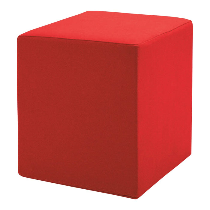Vibrant red cube-shaped ottoman with a smooth, solid color surface, perfect for modern decor.