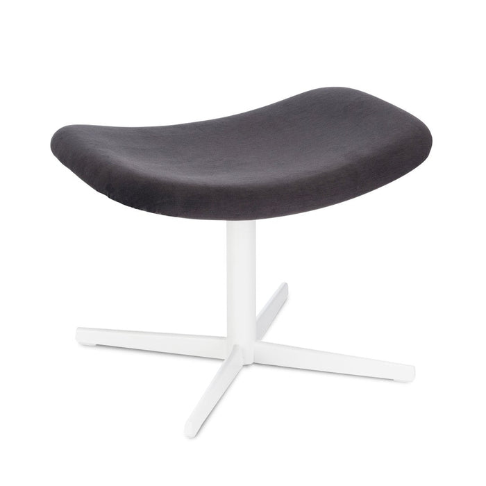 Sleek black upholstered stool with a smooth, curved shape and a sturdy white cross base. Perfect for modern decor.