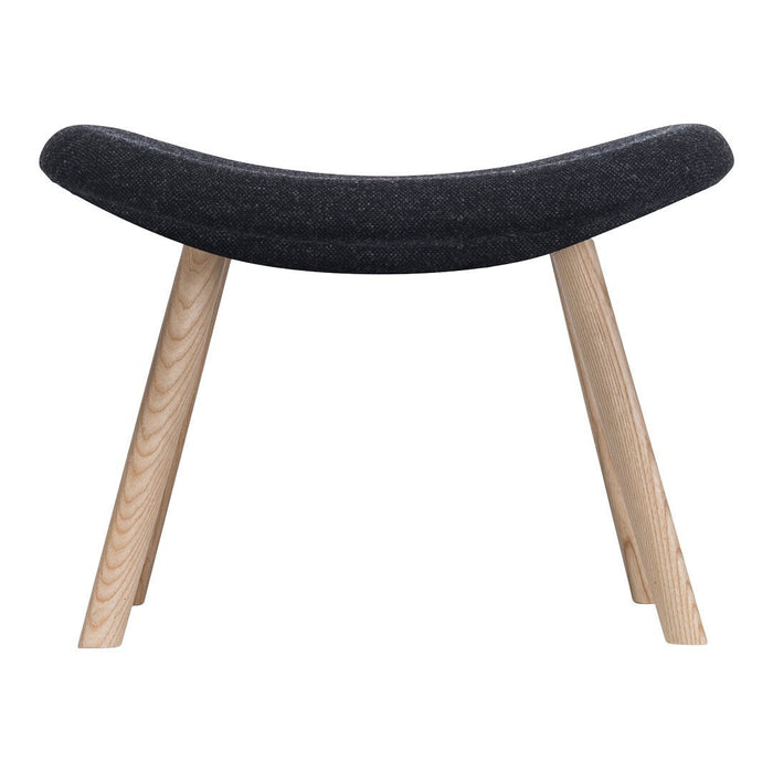 "Curved black cushioned stool with natural wood legs, featuring a sleek, modern design."