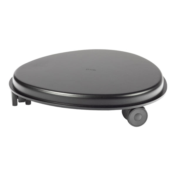 Black rolling utility cart with a sleek, round design and smooth surface, perfect for versatile use.