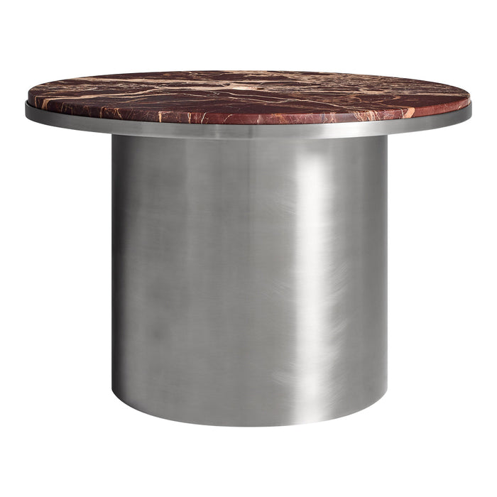 Round table with a rich brown marble top and sleek silver metal base. Elegant and modern design.