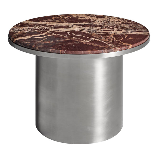 Round table with a rich brown marble top featuring white veining, set on a sleek stainless steel base.