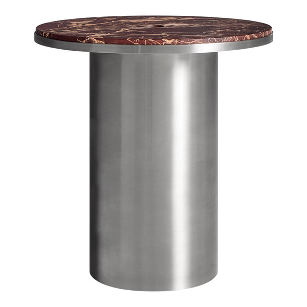Round table with a rich brown marble top and sleek silver metallic base, showcasing elegant patterns and textures.