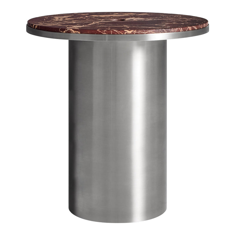 Round table with a rich brown marble top and sleek silver metallic base, showcasing elegant patterns and textures.