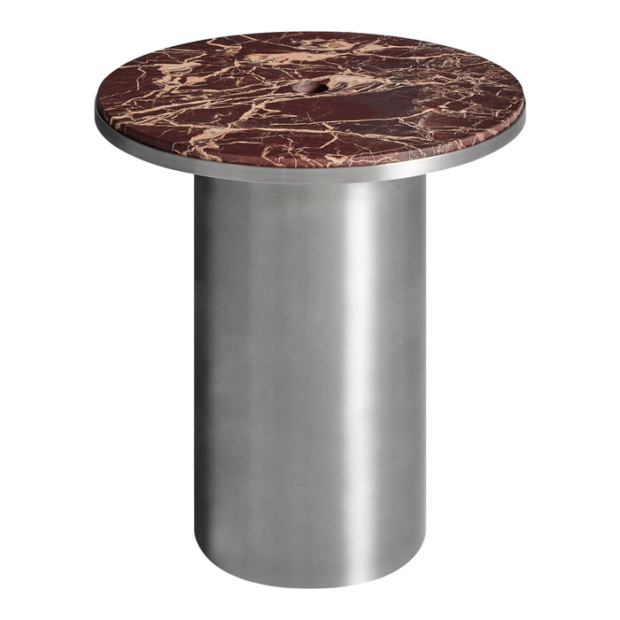 Round table with a polished stainless steel base and a rich brown marble top featuring bold gold veining.