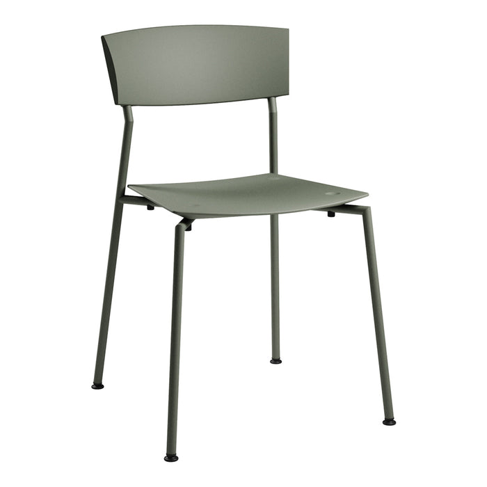 Olive green modern chair with a sleek design and minimalistic pattern. Suitable for contemporary decor.