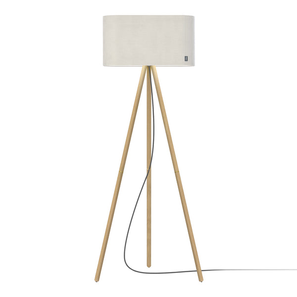 White cylindrical lampshade atop natural wood tripod legs, featuring a minimalist design and neutral color scheme.