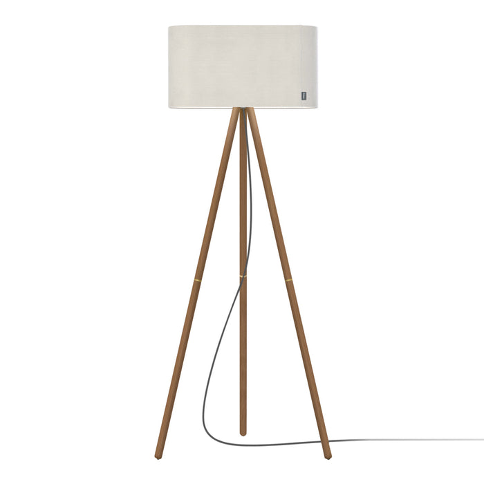 Beige lampshade atop a natural wood tripod base, featuring a sleek, modern design with clean lines.