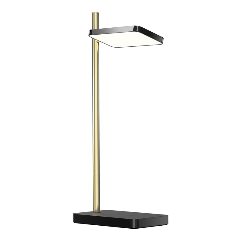 Sleek black and gold modern lamp with a minimalist square shade and a sturdy base. Perfect for contemporary decor.