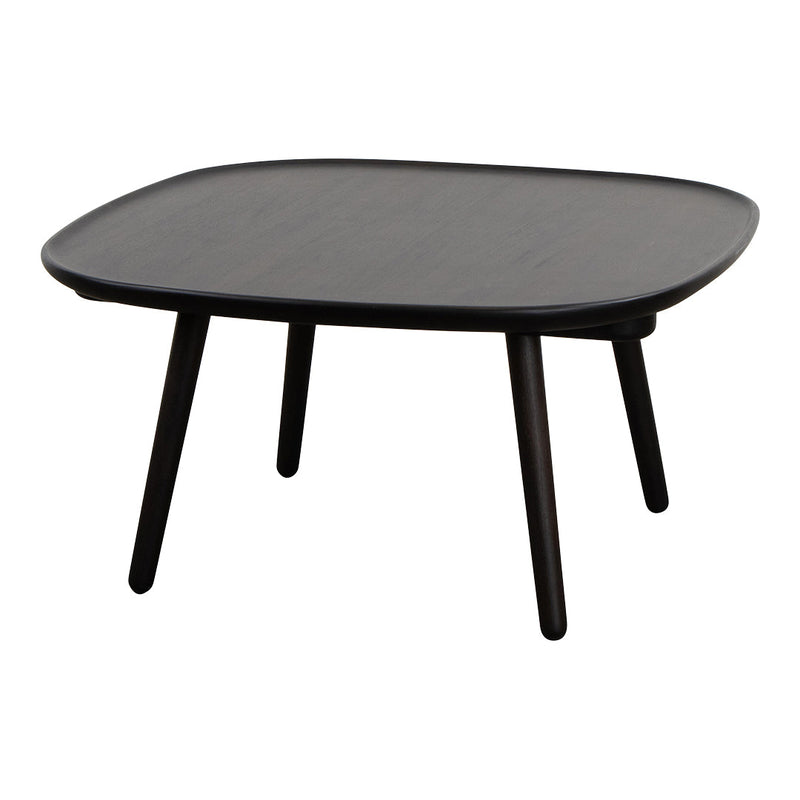 Black square coffee table with smooth surface and tapered legs, featuring a modern minimalist design.