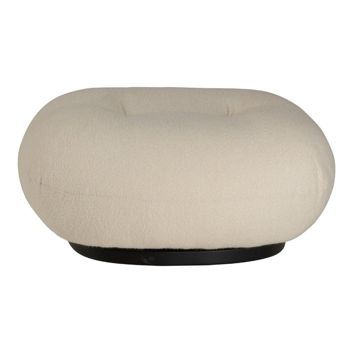 Cream-colored, oval-shaped pouf with a textured fabric and a sleek black base, ideal for modern decor.