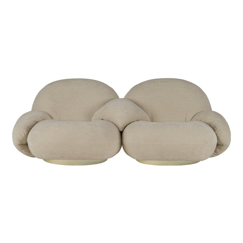 Beige, plush loveseat with curved, soft forms and subtle texture for a modern, cozy touch. Ideal for stylish interiors.