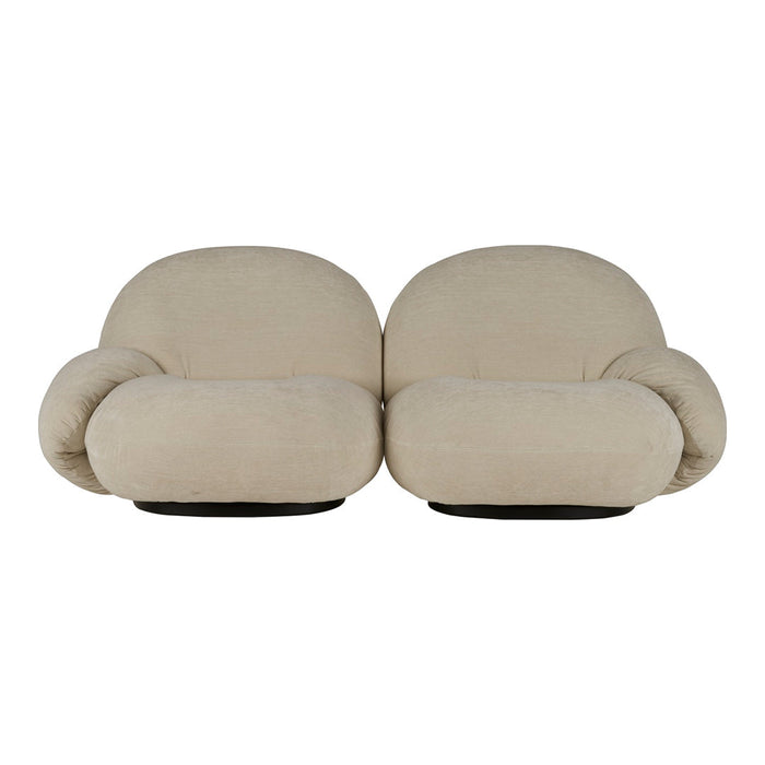 Beige upholstered loveseat with a smooth, plush texture and rounded, cozy shapes. Elegant and modern design.