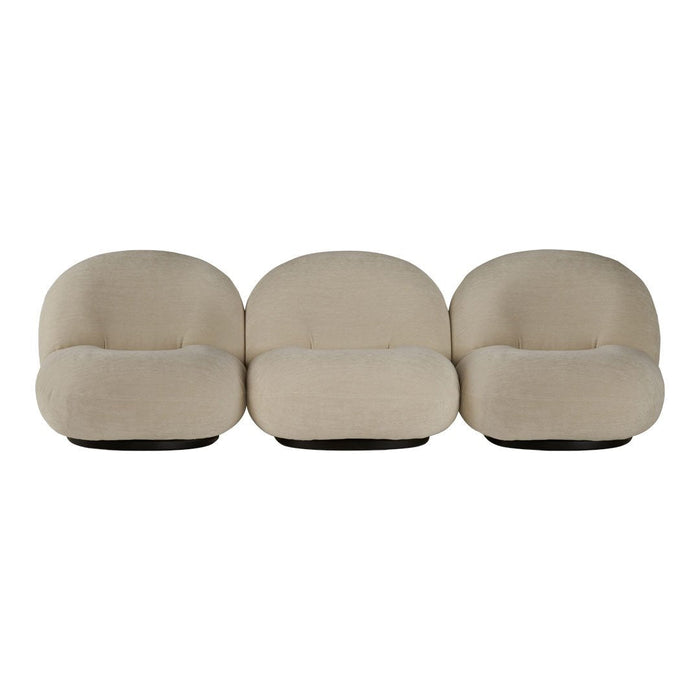 Beige, plush upholstered three-seat sofa with rounded shapes and smooth surface texture. Ideal for modern interiors.