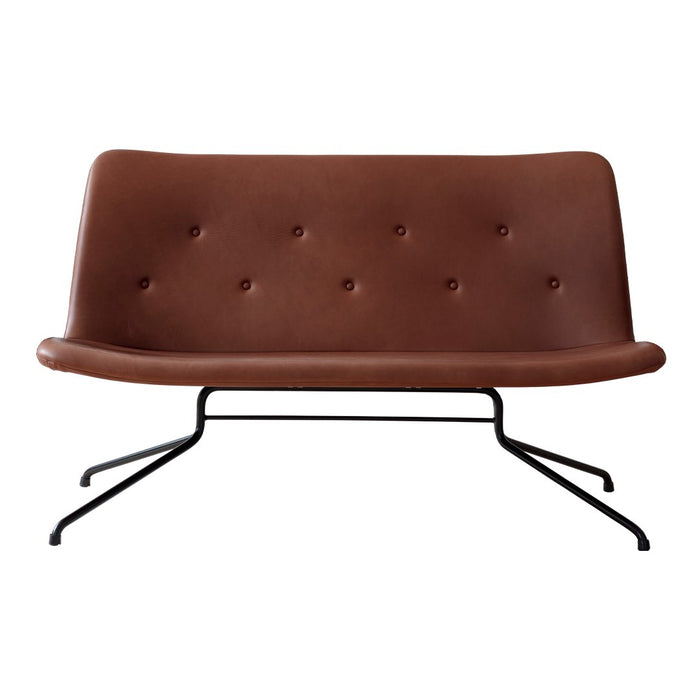 Brown leather loveseat with tufted buttons and sleek black legs, perfect for modern decor.