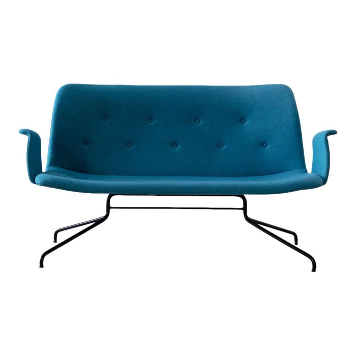 Teal upholstered loveseat with button tufting and sleek black metal legs. Modern design, perfect for any living space.
