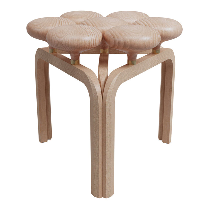 Light wood stool with a unique clover-shaped seat and sleek, minimalist design, showcasing soft, natural tones.