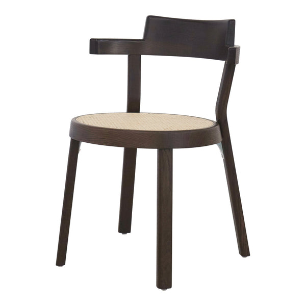 Dark brown wooden chair with a natural woven seat, featuring a simple, contemporary design.