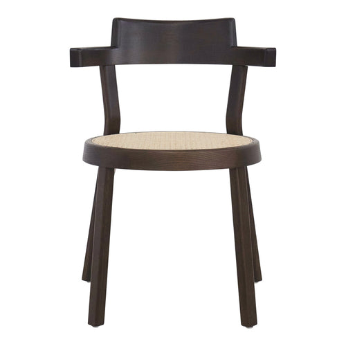 Dark brown wooden chair with a natural woven seat and simple, modern design.