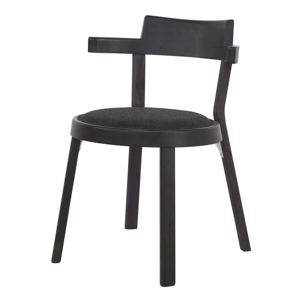 Black wooden chair with a simple design and textured, dark fabric seat, highlighting modern style and elegance.