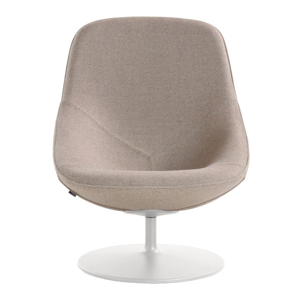 Beige upholstered chair with a smooth, minimalist design and a white circular base, perfect for modern interiors.