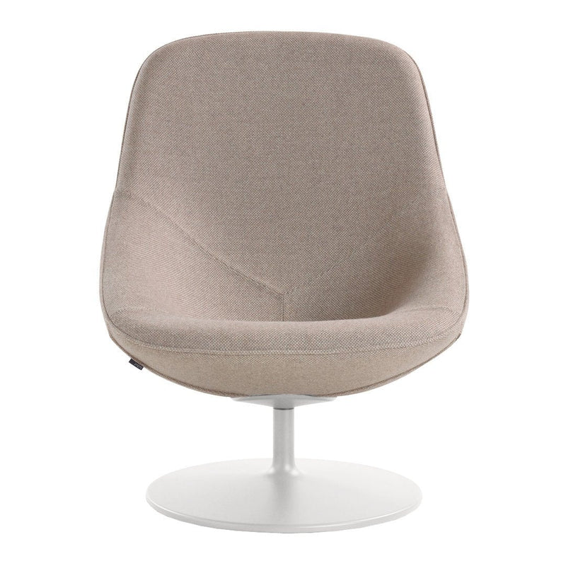 Beige upholstered chair with a smooth, minimalist design and a white circular base, perfect for modern interiors.