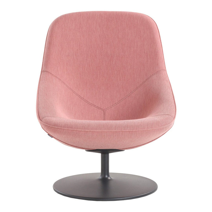 Soft pink upholstered chair with a smooth, curved design and contrasting black circular base.