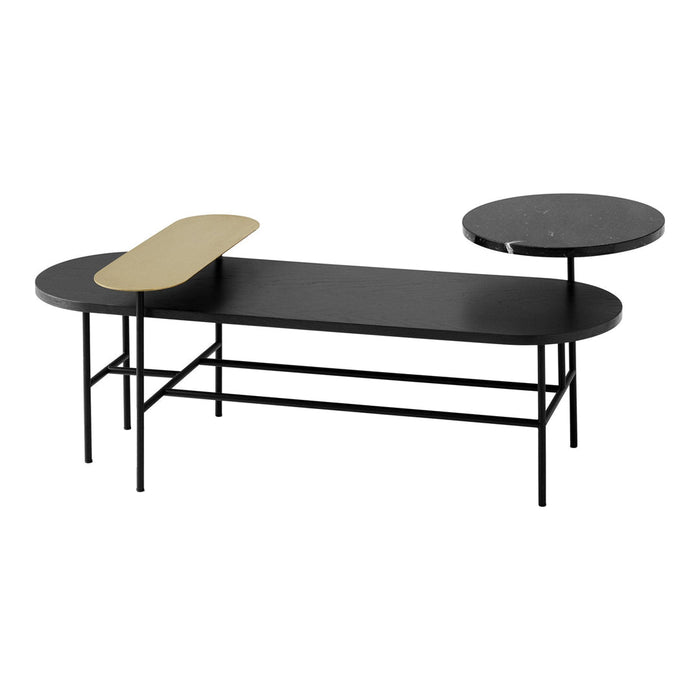 Modern black coffee table with gold accents and sleek, minimalist design, featuring geometric patterns and clean lines.