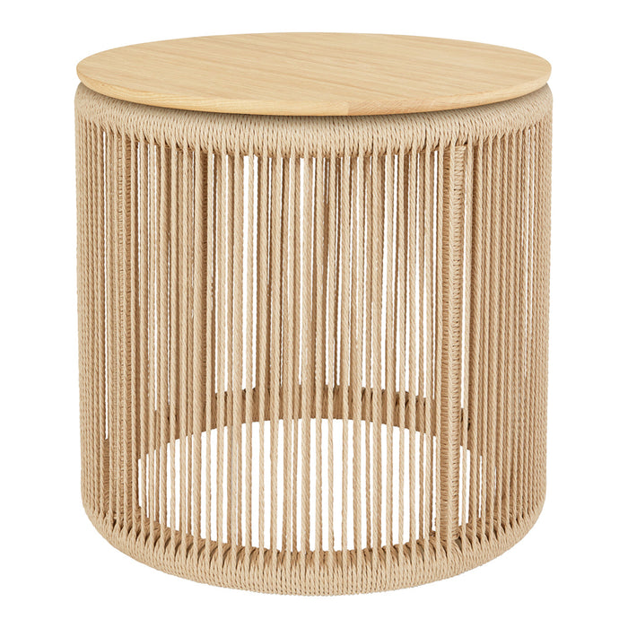 Natural wood round side table with a beige woven pattern and a light top, adding a modern touch to any space.