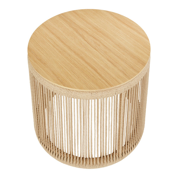 Natural wood grain table with a smooth round top and vertical slatted sides for a modern, minimalist look.