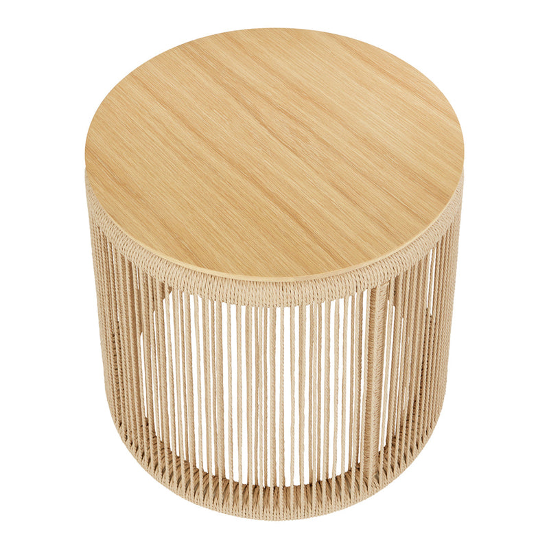 Natural wood grain table with a smooth round top and vertical slatted sides for a modern, minimalist look.