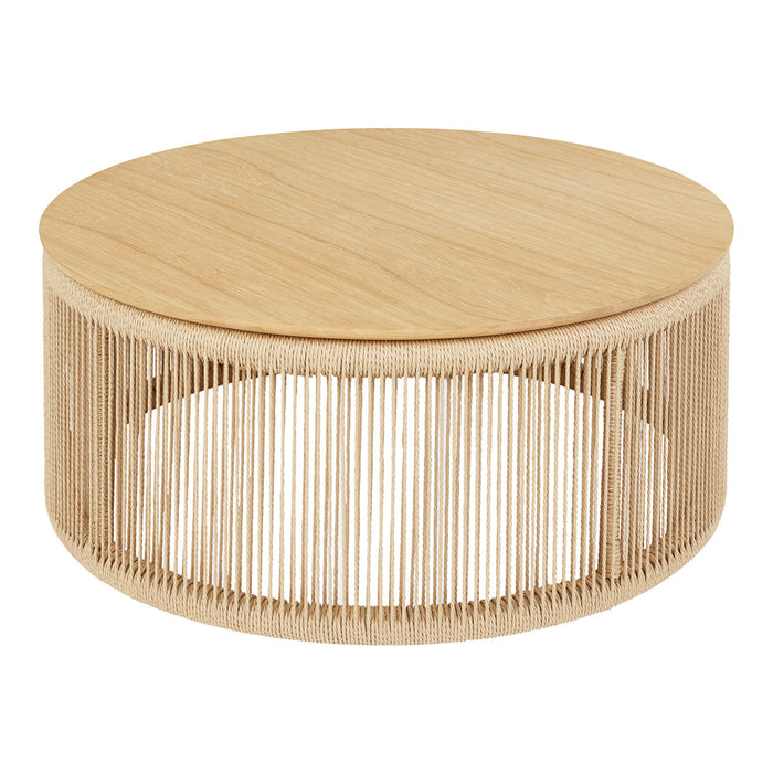 Natural oak coffee table with a round top and vertical wood slat pattern in a light, minimalist design.