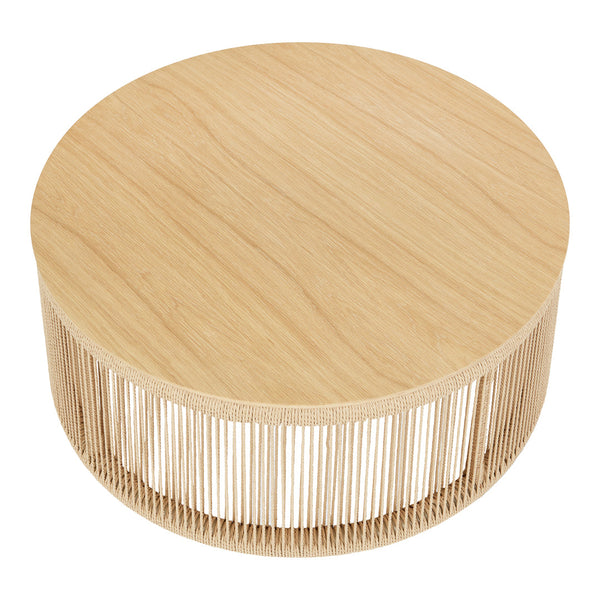 Natural wood round coffee table with a smooth light oak finish and vertical slatted pattern around the base.