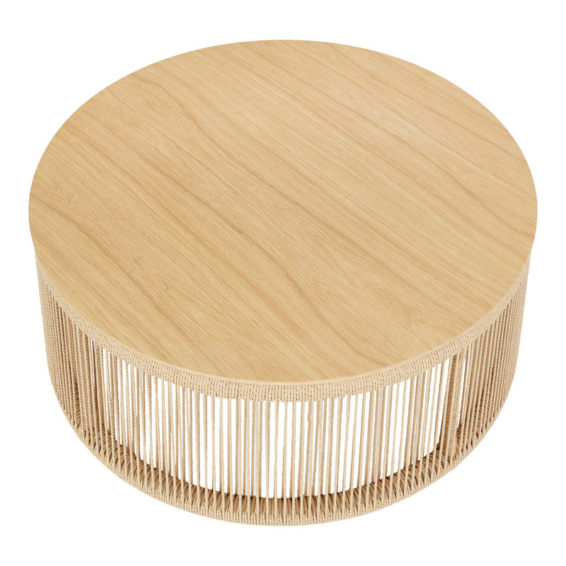 Natural wood round coffee table with a smooth light oak finish and vertical slatted pattern around the base.