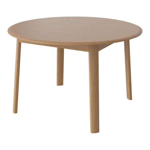 Light oak round table with a smooth wooden surface and minimalist design, featuring natural wood grain patterns.