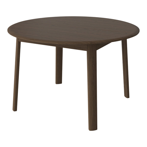 Round wooden table in rich brown with a smooth texture and minimalistic design. Perfect for modern spaces.