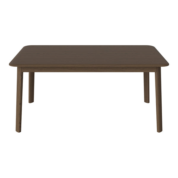Dark brown wooden dining table with a smooth, minimalistic design and rounded edges.