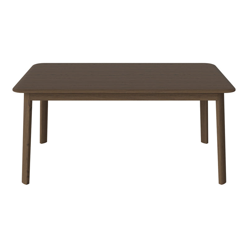 Dark brown wooden dining table with a smooth, minimalistic design and rounded edges.