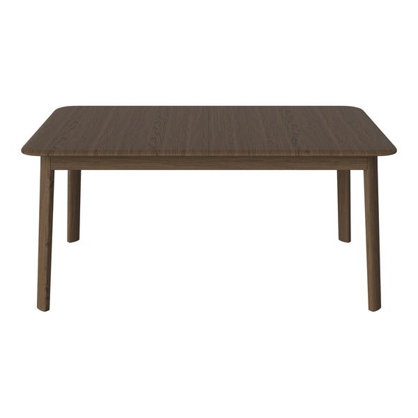 Brown wooden table with a smooth surface and rounded corners, showcasing a natural wood grain pattern.