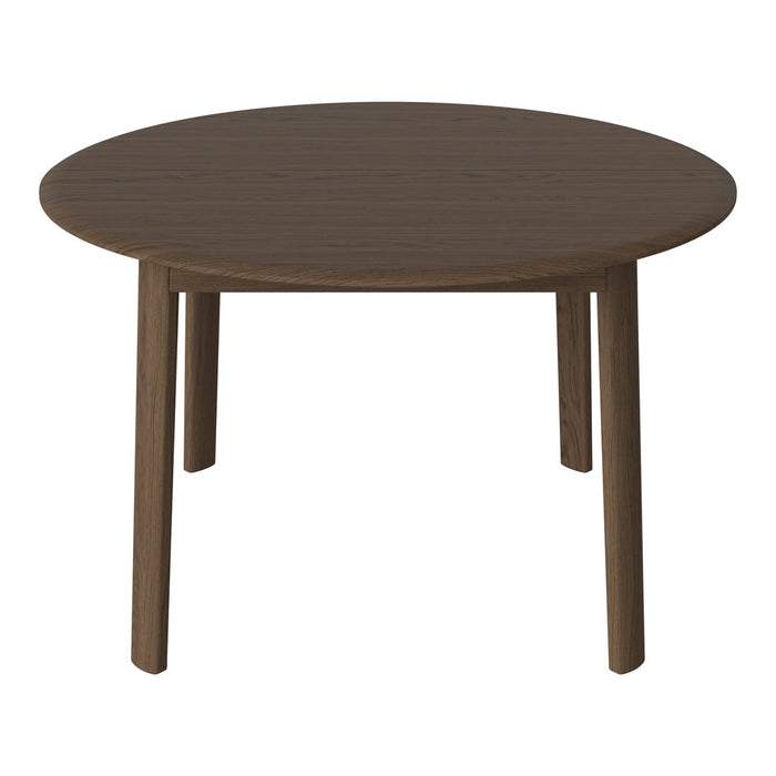 Round wooden table in rich brown finish with a smooth surface and simple design. Perfect for modern interiors.