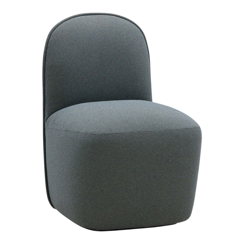 Modern gray upholstered chair with a sleek, rounded design and a smooth, solid fabric finish. Perfect for minimalist decor.
