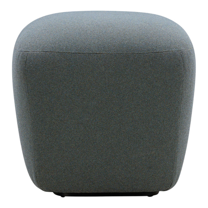 Gray upholstered pouf with a smooth, rounded shape, featuring a subtle textured pattern. Ideal for modern decor.