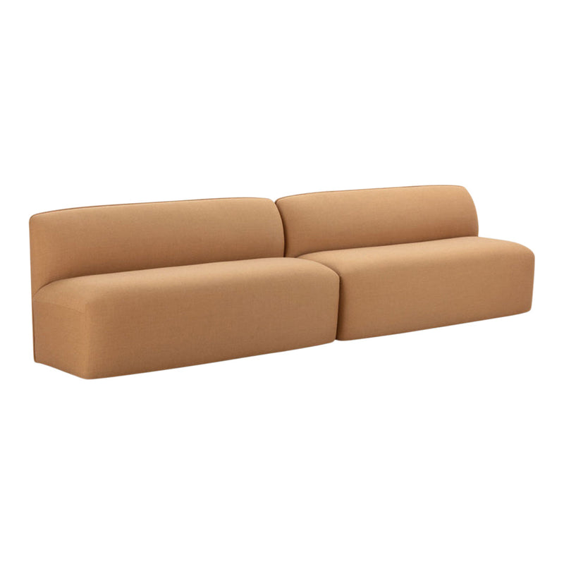 Modern minimalist sofa in warm tan fabric with smooth, streamlined design and no visible patterns.