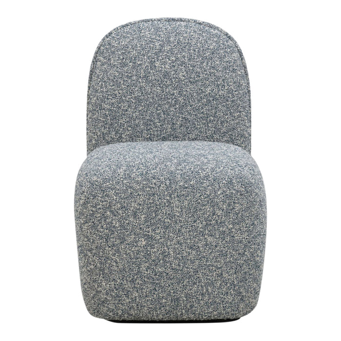 Gray upholstered chair with a textured pattern, featuring a modern rounded design. Ideal for contemporary decor.