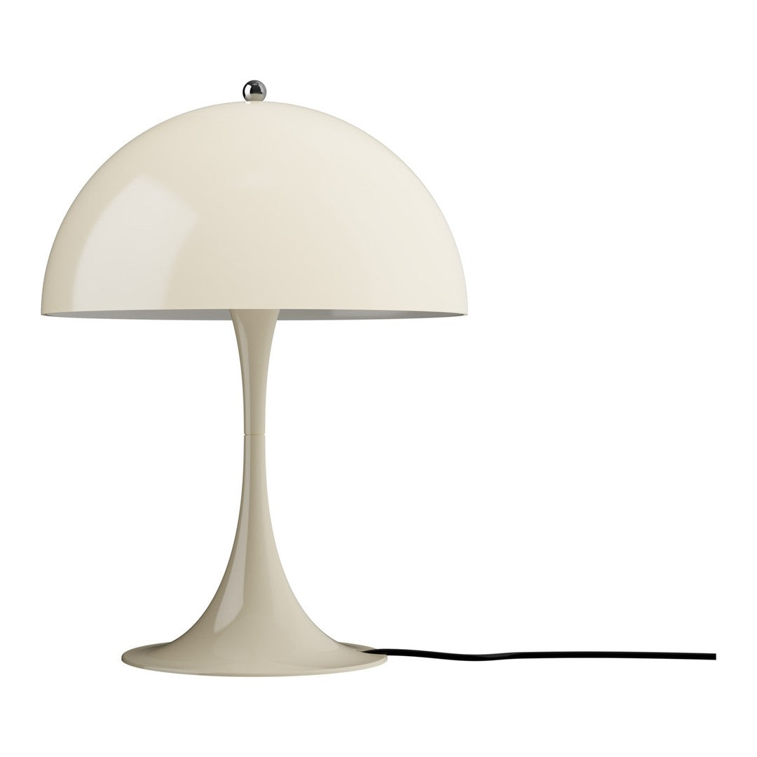 Beige table lamp with a white shade on a white background
