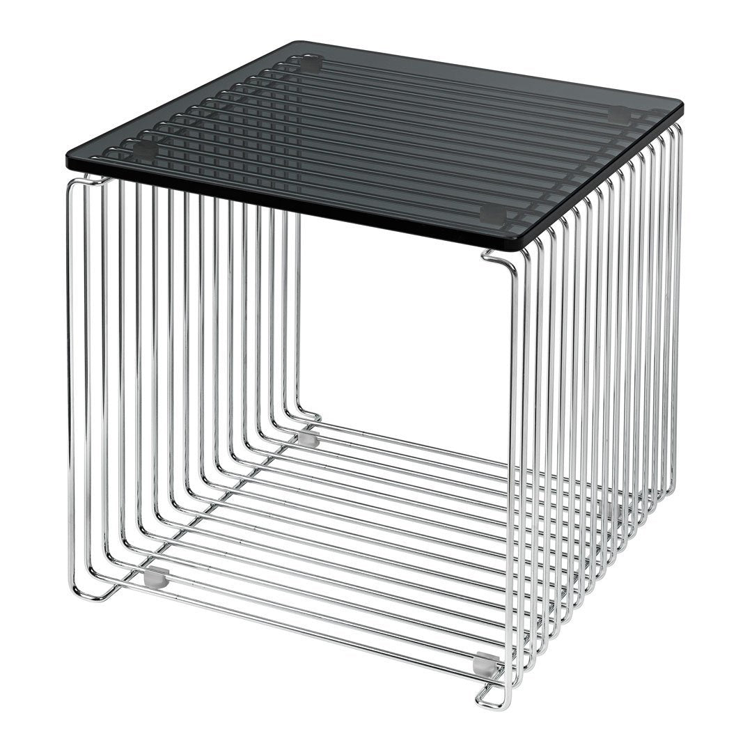 Modern square side table with a sleek black glass top and shiny chrome wire frame, featuring a minimalist striped pattern.