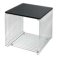 Modern square side table with a sleek black glass top and shiny chrome wire frame, featuring a minimalist striped pattern.